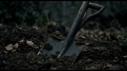 Fototapeta premium Shovel in dirt ground forest scene