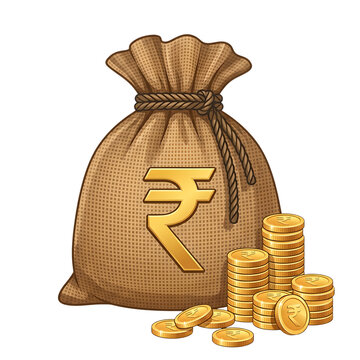 Money bag with indian rupee symbol and gold coins- wealth and savings illustration 