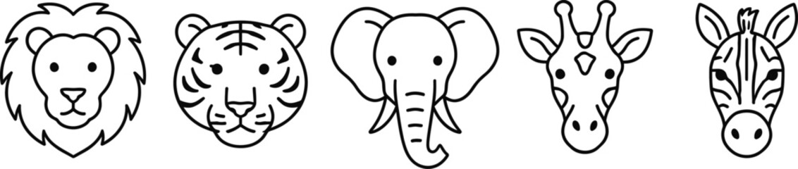 Obraz premium Line art illustrations of african animals including a lion tiger elephant giraffe and zebra isolated on transparent background