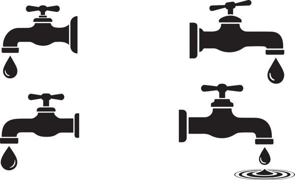 A stark black silhouette depicts a water faucet with a single dripping drop creating a minimalist image silhouette.Depicts a water faucet with a single dripping drop vector illustration.