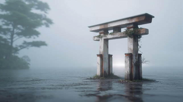 a gnarled shrine gate in a gray void with peeling paint and lichen, fog-choked background