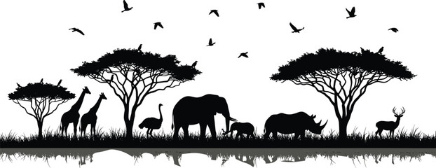 African safari silhouettes with reflection, savanna wildlife animals scene, elephant giraffe birds acacia trees, nature landscape illustration, black vector design © MstLaila