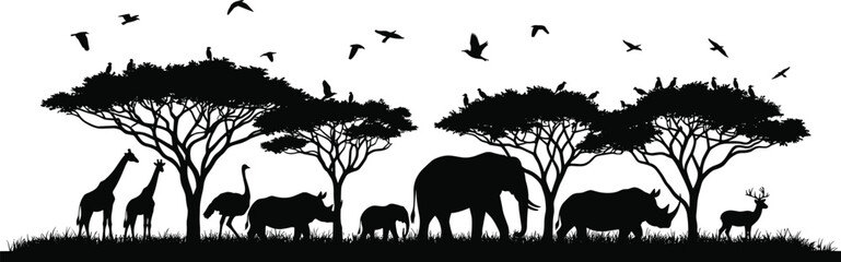 African safari animal silhouettes, savanna wildlife scene with elephant giraffe birds, acacia trees landscape, nature panorama illustration, black vector design © MstLaila