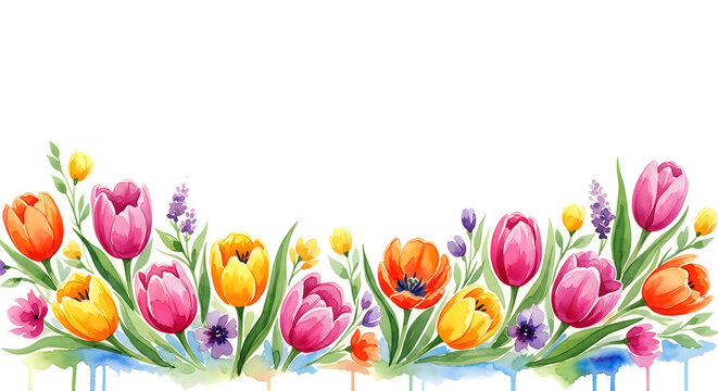 Vibrant Tulip and Lavender Floral Border with Watercolor Effect
