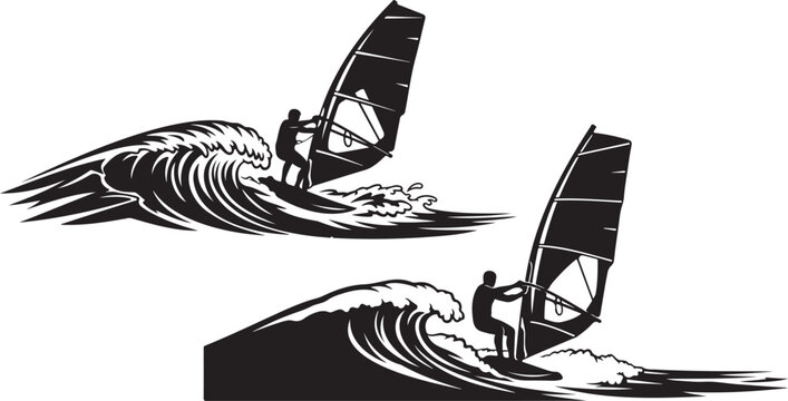 A dynamic black silhouette of a windsurfer riding ocean waves showcasing a thrilling water sport silhouette high quality.Windsurfer riding ocean waves showcasing vector illustration.