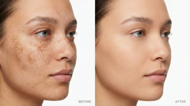 Facial freckles and dark spots removal treatment comparison showing clear skin results box.