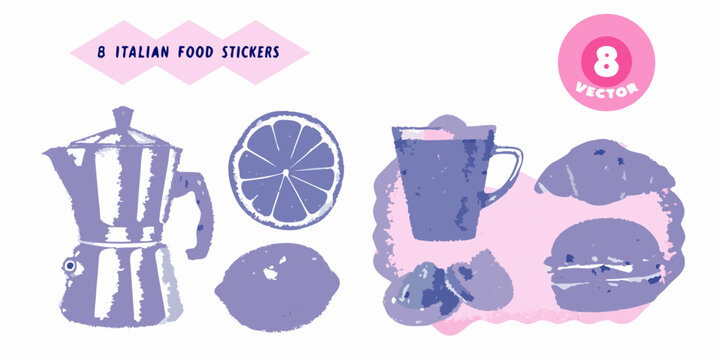 Italian food illustrations coffee lemon glass and cannoli stickers