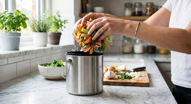 Eco-friendly home concept: Sorting vegetable peelings into a small kitchen composter