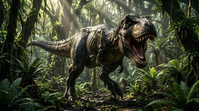 Tyrannosaurus rex in dense jungle environment