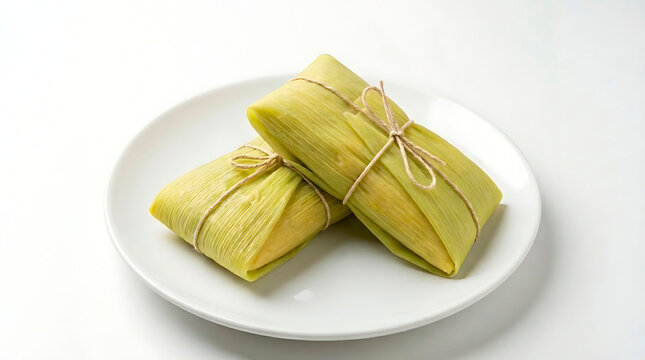 Two fresh pamonha corn dish, a delicious dish wrapped in a corn husk and tied with string, served on a white plate. Close-up view of the traditional dish of Brazil. 