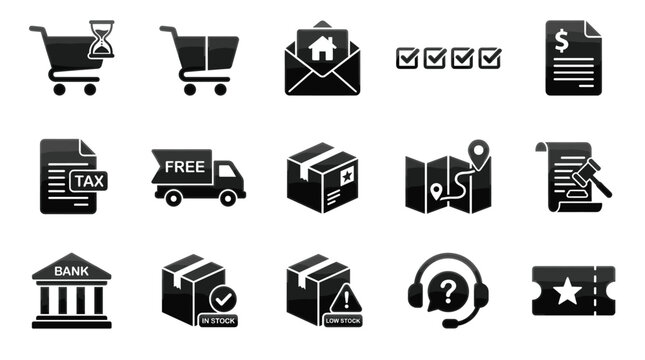 Collection of black and white business icons for commerce and finance