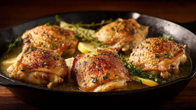 Golden brown skillet chicken thighs with herbs and lemon food photography main course