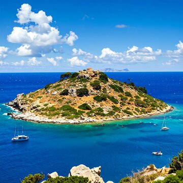 A serene island with lush greenery and sailboats