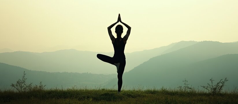 Serene Yoga Silhouette in Tree Pose Against Hazy Mountain Sunset Landscape