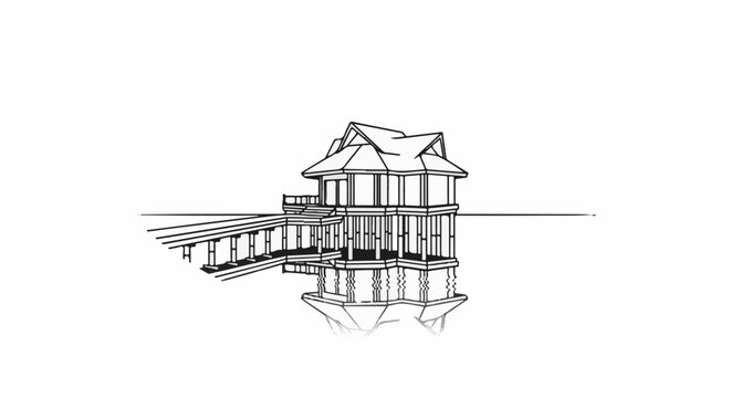 Elaborate stilted structure with connecting walkway reflected in calm water