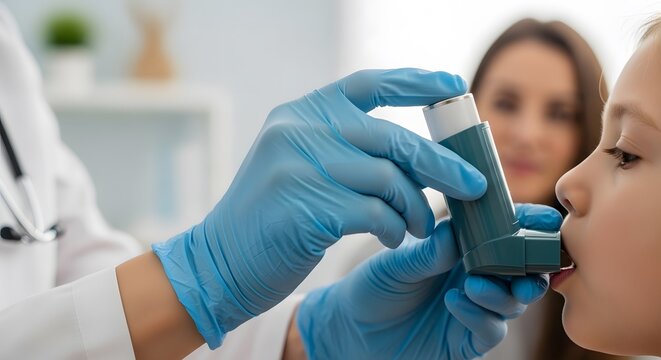 Professional doctor in blue gloves helping a young girl use an asthma inhaler during a medical checkup in a clinic, while her concerned mother watches in the blurred background. Pediatric care