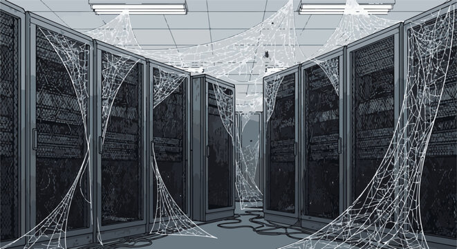 Dilapidated server room with dense spiderwebs obscuring racks and equipment