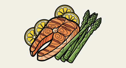 Fototapeta premium Delicious grilled salmon steak with fresh asparagus and lemon slices