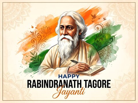 Rabindranath Tagore Jayanti A4 Poster with Indian Tricolor Brush Theme