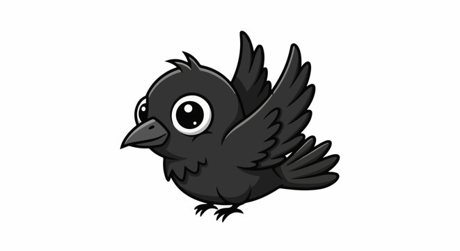 Cute cartoon black bird with big eyes and wings spread
