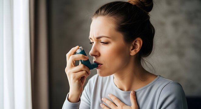 A concerned woman uses an asthma inhaler to manage sudden breathing difficulties. This high-quality image captures a health crisis moment, showing respiratory distress and medical self-treatment