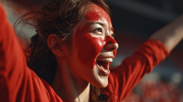 Euphoric woman in a football stadium with her face painted with the colors of the South Korean flag, cheering and supporting her team.