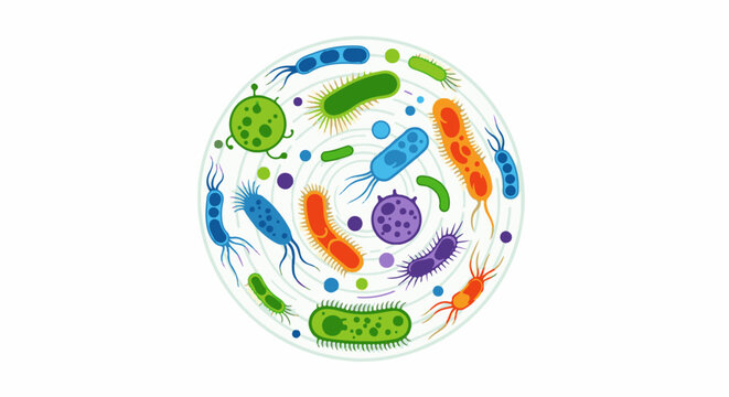 Diverse colorful microbes and bacteria illustrated in a circular pattern