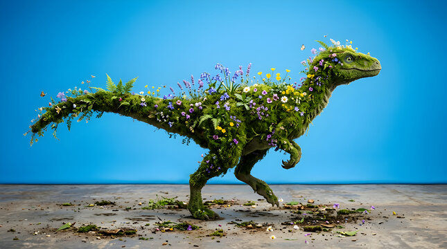 Dinosaur covered in plants and flowers