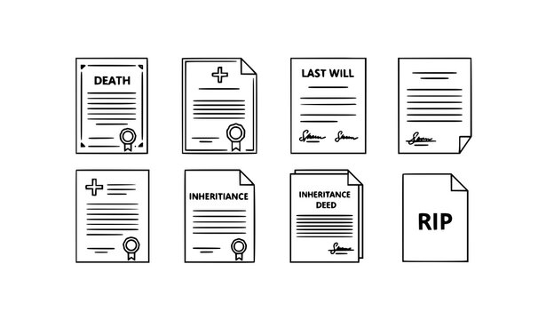 Death certificate and last will document icon set flat outline vector of inheritance legal papers and RIP affidavit forms