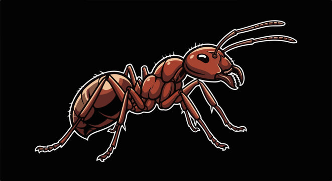 Detailed illustration of a single red ant against a black background