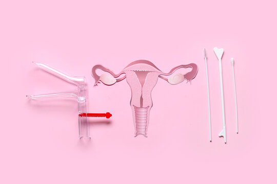 Paper uterus with gynecological speculum and pap smear test tools on pink background, top view