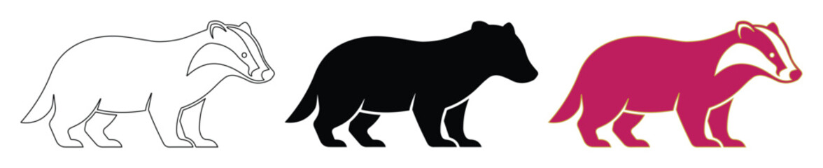 Badger vector icons set, minimalist wild animal silhouettes in black and pink, stylized forest mammal line art for nature branding and logos © Muhammad