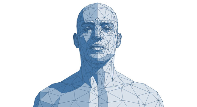 Low poly blue wireframe human head.