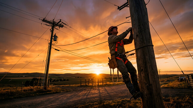 Electrician working on power lines at sunset