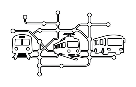 Public transportation network map icon, black line art of train bus and tram, urban transit system vector illustration for city travel planning