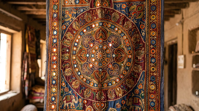 Embroidered textile with mirror accents