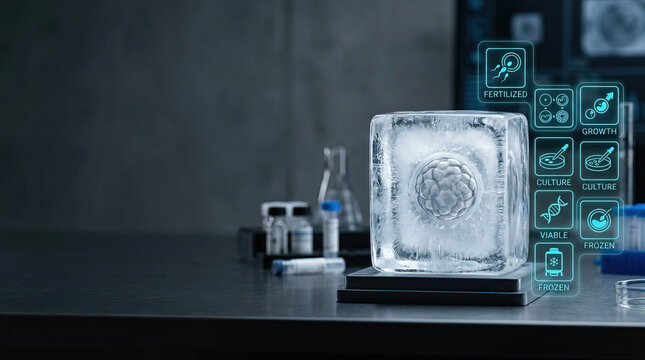 Frozen embryo in ice cube on laboratory table with scientific icons representing fertilization, growth, culture, and viability in assisted reproduction technology