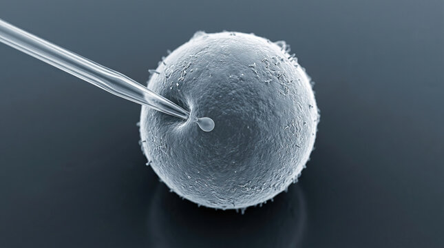 Microscopic view of droplet delivering treatment into cell, illustrating advanced medical technology and cellular interaction in scientific environment