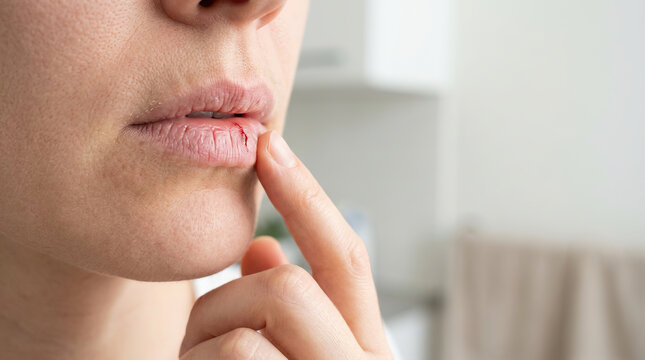 Dry cracked lips chapped lips lip injury finger touching lip close up skin texture lip care human face mouth healthcare wound healing skin damage personal care lip dryness natural skin female