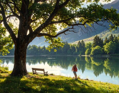 A serene lake scene with a tree and a person