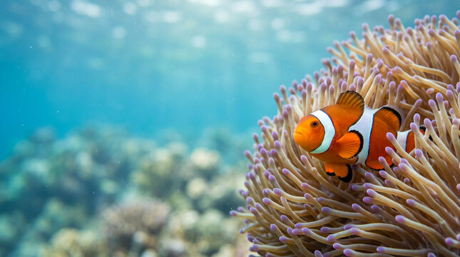 Pez payaso con espacio para texto en composici&oacute;n comercial limpia y colores vibrantes.