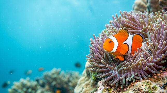 Pez payaso con espacio para texto en composici&oacute;n comercial limpia y colores vibrantes.