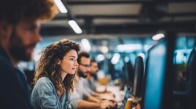professional retail team working in a modern office environment analyzing product data on a laptop in a collaborative corporate workspace focused on business strategy and digital retail operations