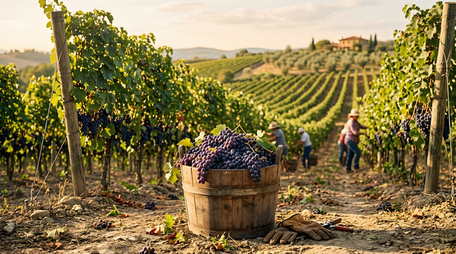 Grape harvest in vineyard landscape