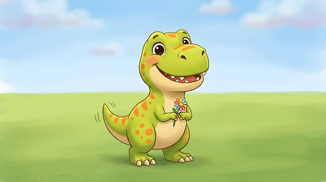Green dinosaur holding flower in grassy field