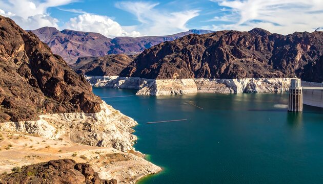A serene lake surrounded by rugged mountains under a blue sky
