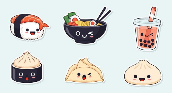 Cute Kawaii Asian Food Sticker Set, Japanese Sushi, Ramen, Boba Tea, and Chinese Dumpling Chibi Characters.