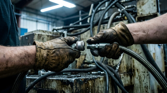 Industrial worker connecting hydraulic hose fittings
