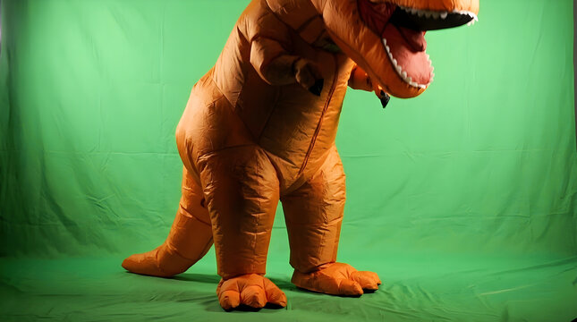 Inflatable dinosaur costume on green background