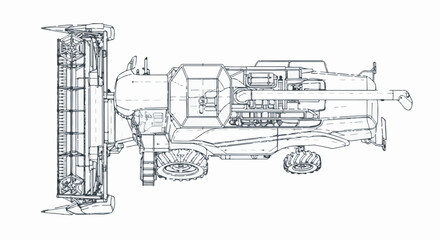 Obraz premium Detailed line drawing of a combine harvester, showcasing its intricate mechanical components